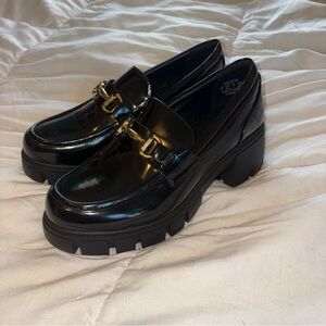 Black Patent Leather Loafers with Gold Buckle